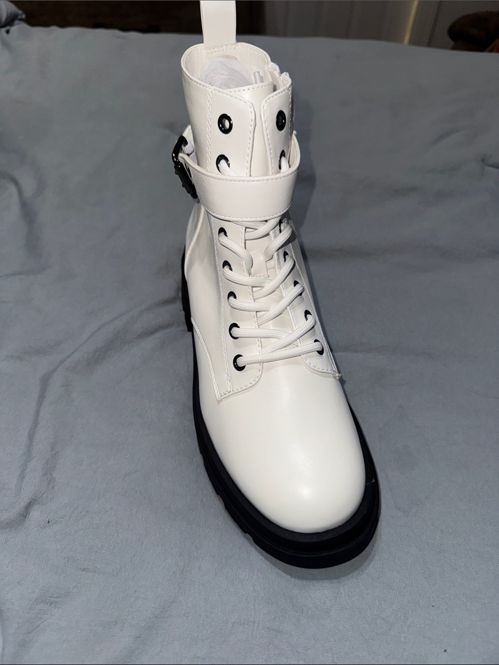White Women's Lace-Up Combat Boot with Strap size 8.5